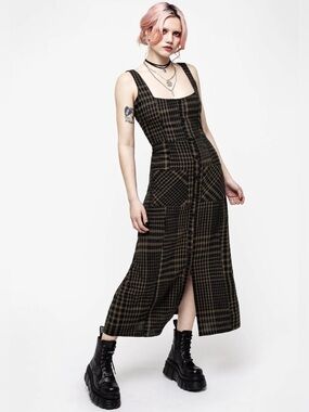 Disturbia Dropout Check Sleeveless Button Down gothic midi Dress cotton US 8